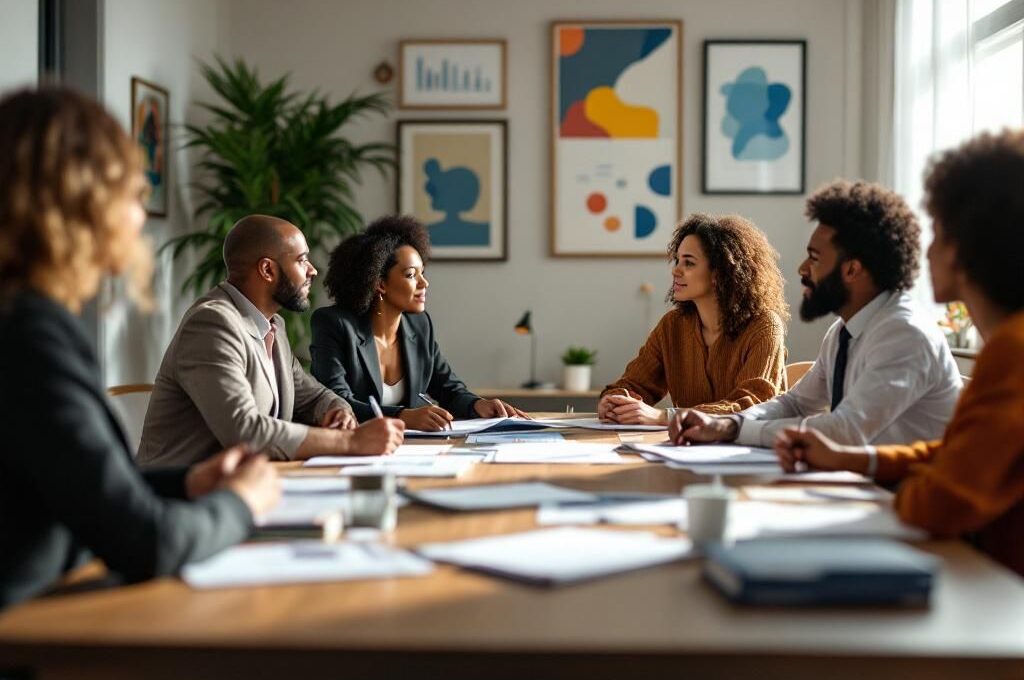 collaborateurs en salle de réunion le matin
