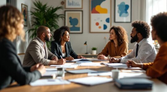 collaborateurs en salle de réunion le matin