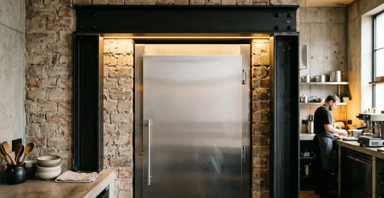 Niche dédiée encadrée par une poutre IPN métallique noire accueillant un réfrigérateur encastrable inox brossé dans une cuisine industrielle aux murs de briques apparentes