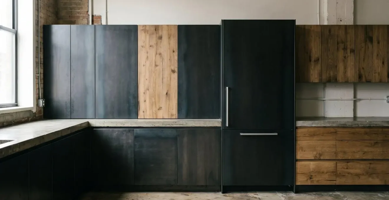 Rangée de meubles de cuisine industrielle avec façades en matériau uniforme, le réfrigérateur encastrable étant totalement invisible grâce à une façade identique
