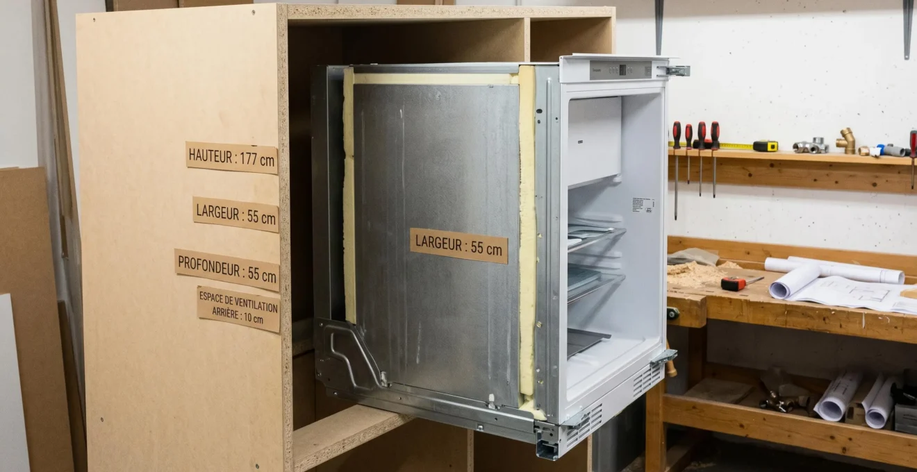 Vue technique de profil d'un réfrigérateur encastrable dans son caisson, montrant l'espace de ventilation arrière de 10cm et les cotes de dimensions standards