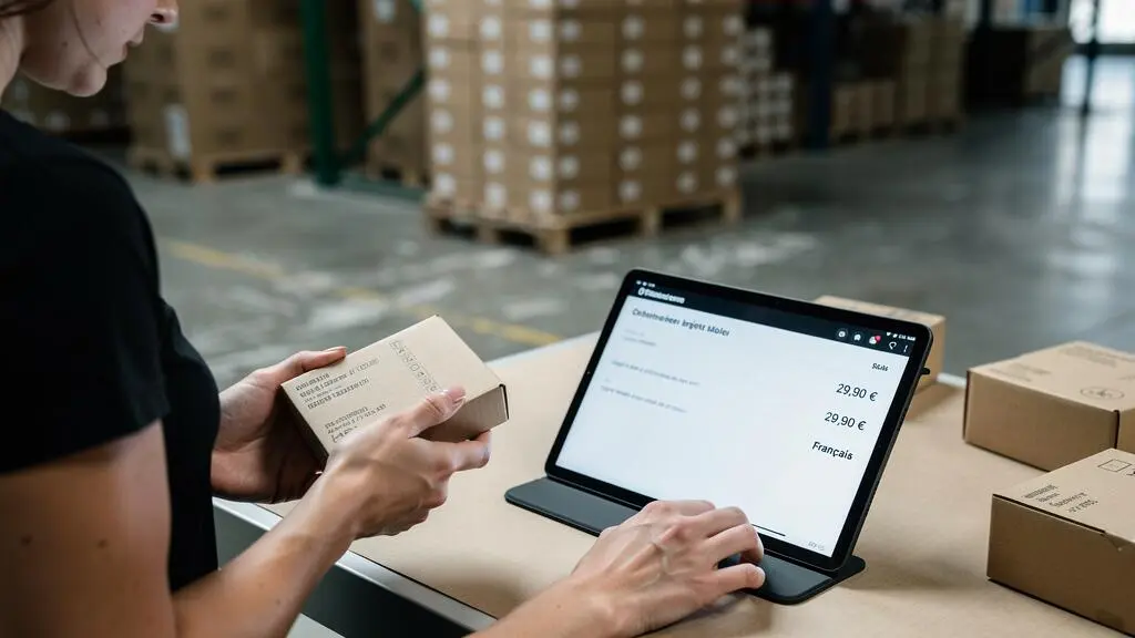 Une opératrice compare un produit et son emballage avec sa fiche catalogue affichée sur une tablette dans un entrepôt e-commerce.