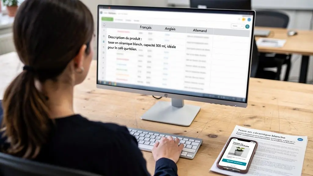 Une responsable de catalogue saisit des descriptions produits multilingues dans un logiciel de gestion au sein d'un bureau d'entreprise e-commerce.